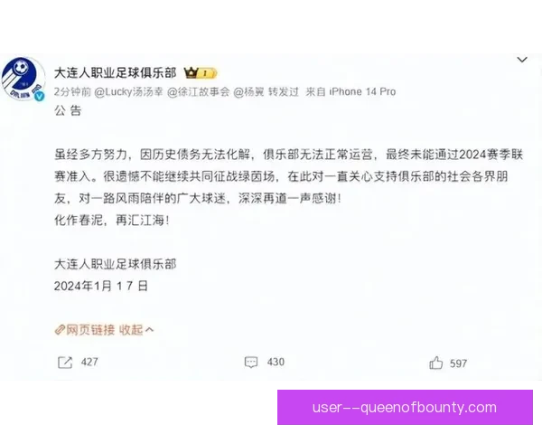 大连人职业足球俱乐部准入失败官方宣布正式解散